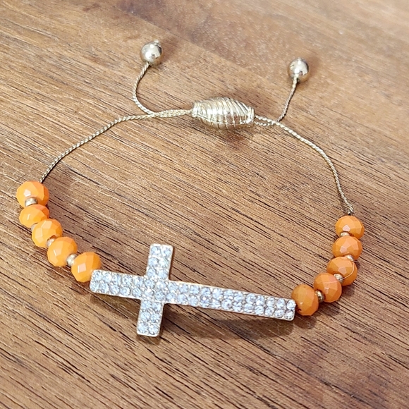 Stunning Orange and Gold Rhinestones Cross Bracelet - Picture 3 of 6